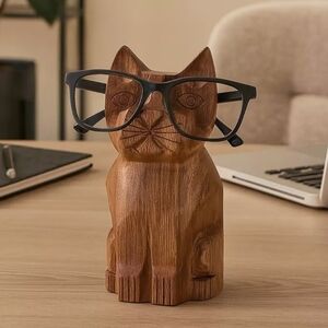 Vintage Matr Boomie Hand Carved Wooden Cat Eyeglasses Stand Phone Holder